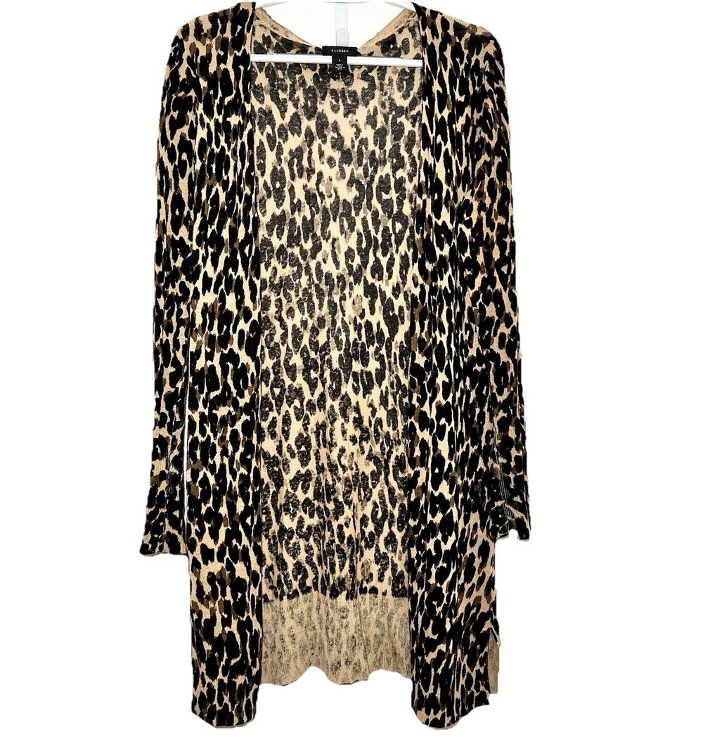 Halogen Leopard Print Linen Blend Open Front Cardigan Duster Small
